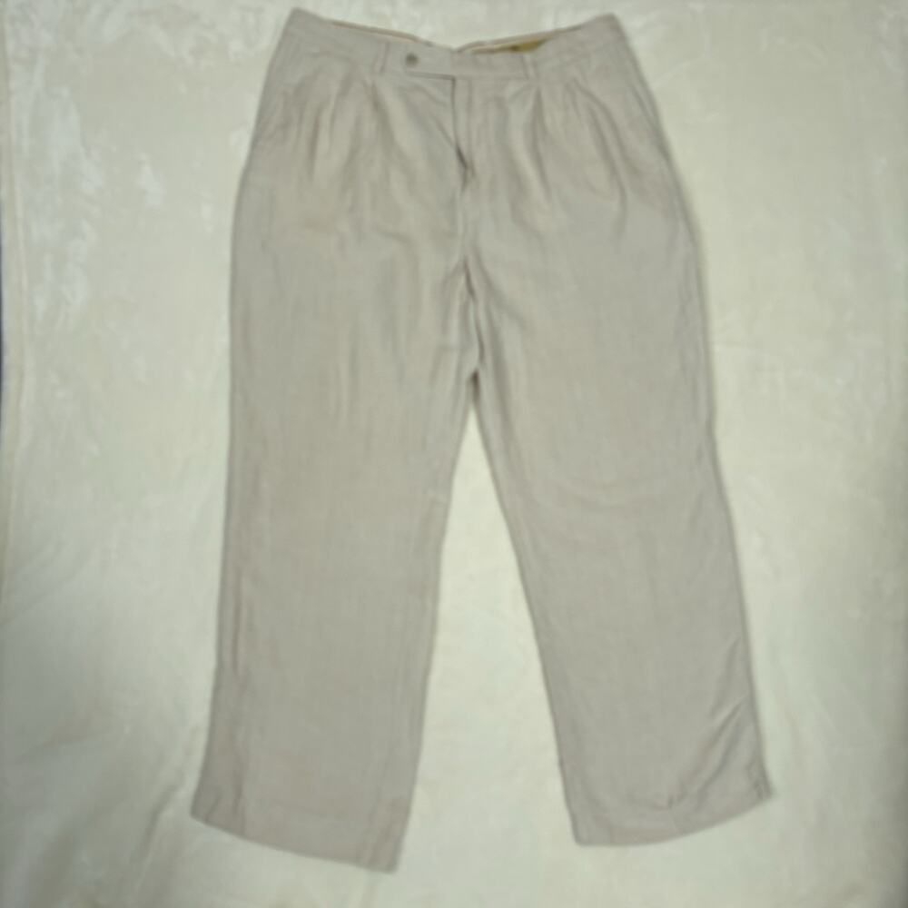 Tommy Bahama Mens Khaki Linen Silk Blend Pleated Pants Fits 34x27 Relaxed Fit